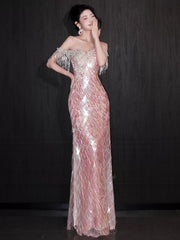 Glittery Mermaid Off The Shoulder Pink Sequins Short Sleeves Prom Dresses Inspiration Long Night Outfits Birthday Outfit AB2212