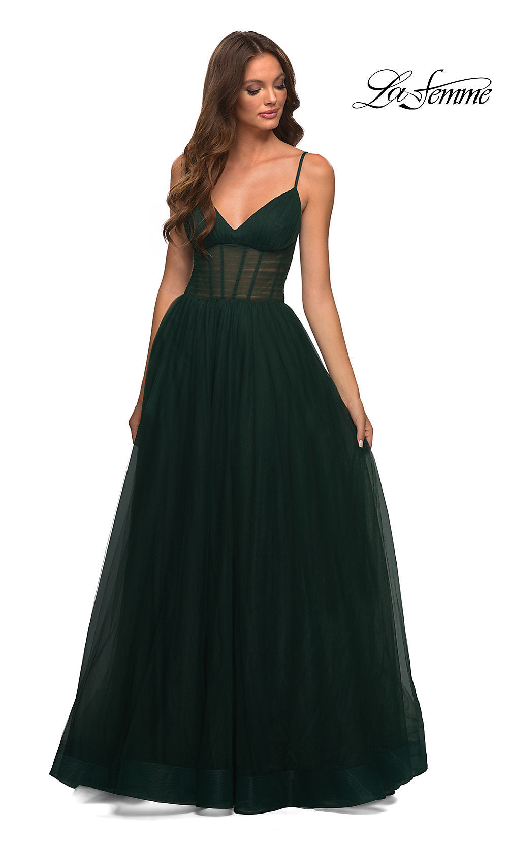 Sheer-Waist Long A-Line Prom Dress by La Femme