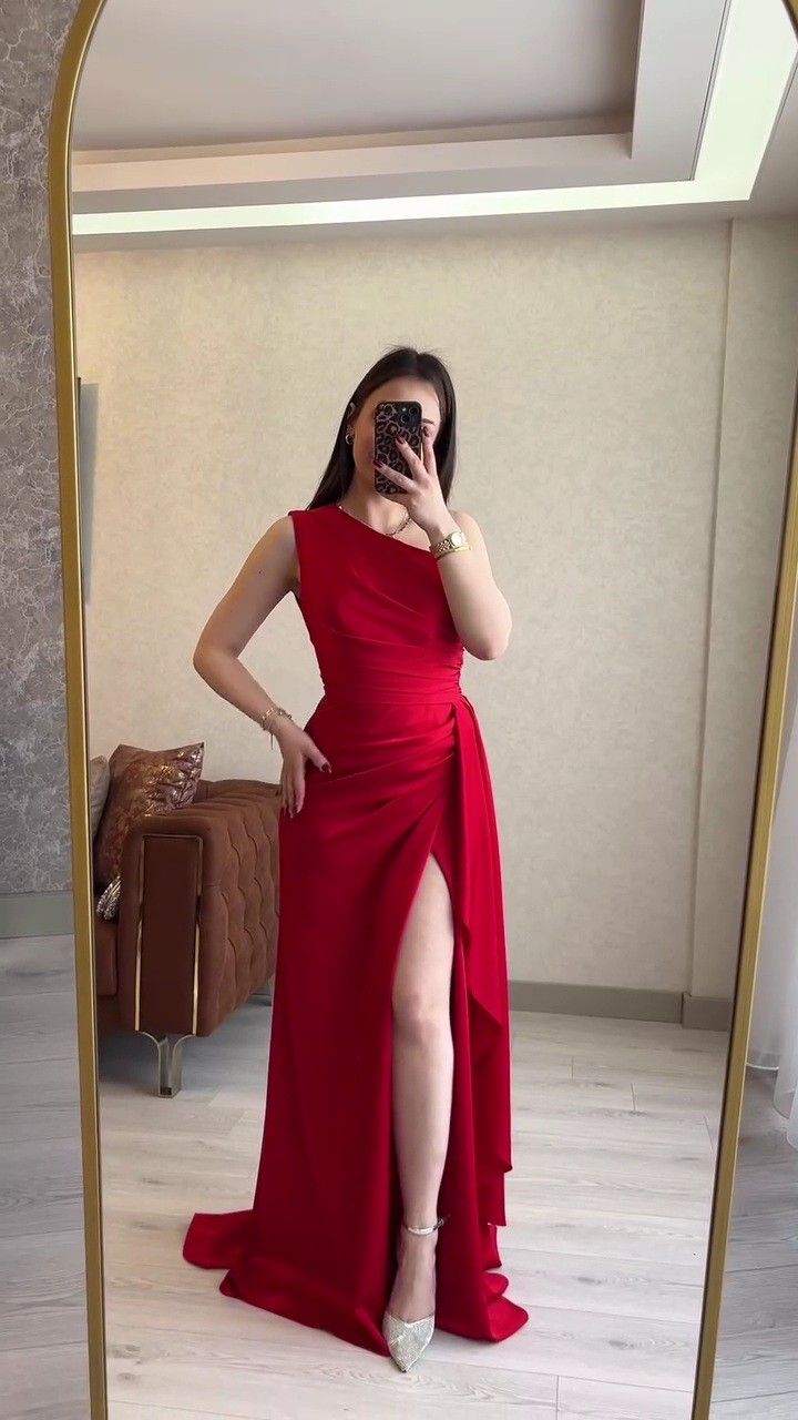 Chic Sheath One Shoulder Red With Pleated Slit Long Party Women Prom Dresses AB1905