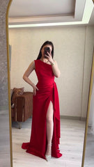 Chic Sheath One Shoulder Red With Pleated Slit Long Party Women Prom Dresses AB1905