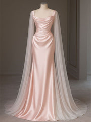 Lovely Pink Satin Mermaid Long Party Dress with Tulle, Pink Satin Floor Length Prom Dress AB1868