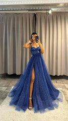 Chic Spaghetti Strap A line Wedding Guest Dresses Royal Blue Slit Prom Formal Dresses AB1849
