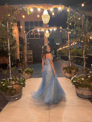Dream A line Off The Shoulder Dusty Blue Tulle Prom Dress Women Long Formal Dance Evening Party Gowns AB1799