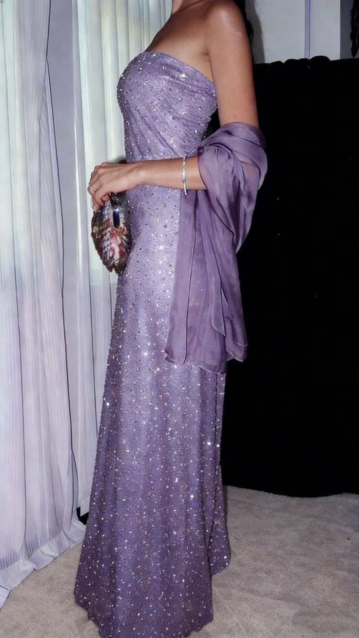 Glitter Purple Strapless Sequin Beaded Long Birthday Evening Dress Prom Gowns With Ribbon N1504