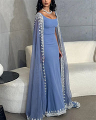 Vintage Dusty Blue Mermaid Evening Dress Applique Beaded Prom Dress Unique Cape Design Long Party Dress Birthday Outfits AB2313