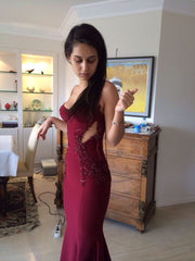 Mermaid Burgundy Spaghetti Straps Beaded Long Evening Prom Dresses Formal Dresses AB1853