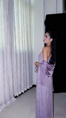 Glitter Purple Strapless Sequin Beaded Long Birthday Evening Dress Prom Gowns With Ribbon N1504