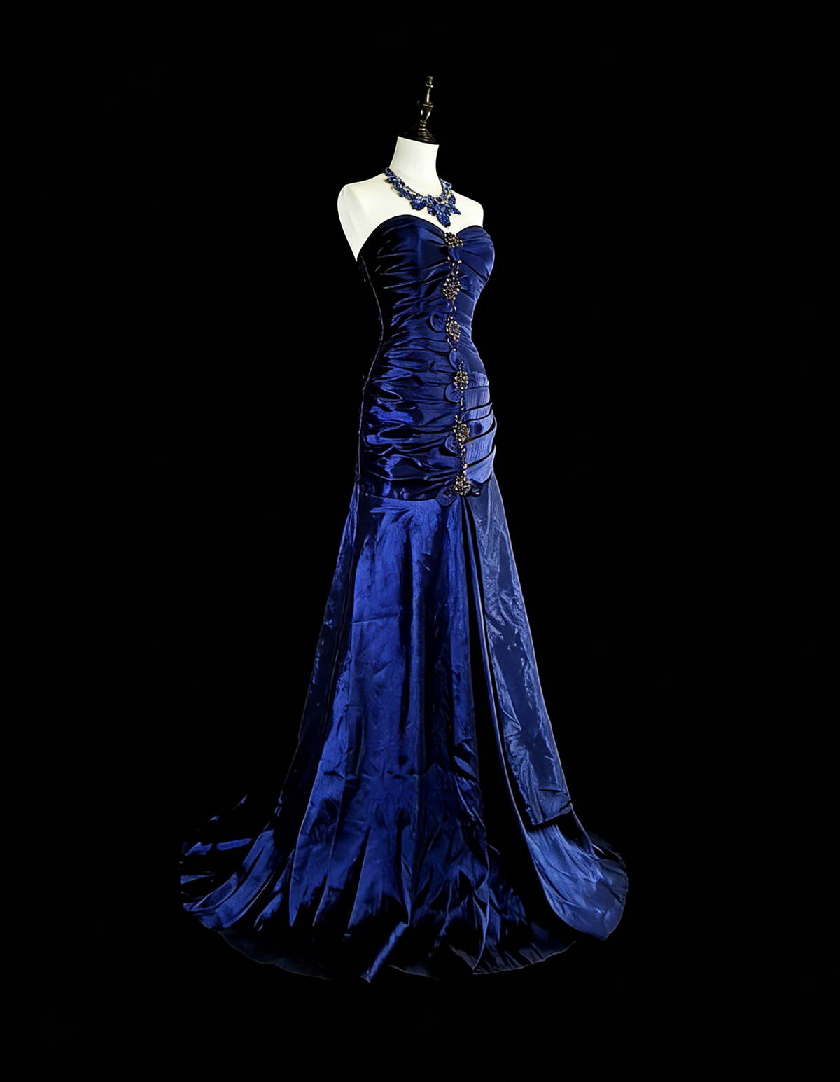 Vintage Mermaid Sweetheart Royal Blue Satin 80s Evening Gowns Formal Birthday Dress Long Prom Dresses N1756