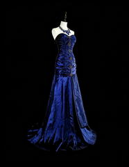 Vintage Mermaid Sweetheart Royal Blue Satin 80s Evening Gowns Formal Birthday Dress Long Prom Dresses N1756