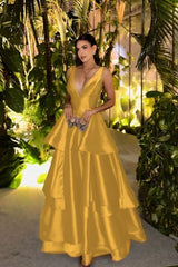 Straps Deep V Neck Sleeveless A Line Long Prom Dress With Pleated Birthday Outfits AB2313