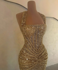 Modest Senior Prom Dresses High Schools Inspiration Mermaid Halter Gold Sequin With Pleated Semi Formal Grad Long Prom Dress For Teens AB1981