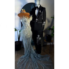 Glittery Mermaid Sweetheart Prom Dresses Silver Sequin Beaded Crystals Long Formal Evening Party Gown N811