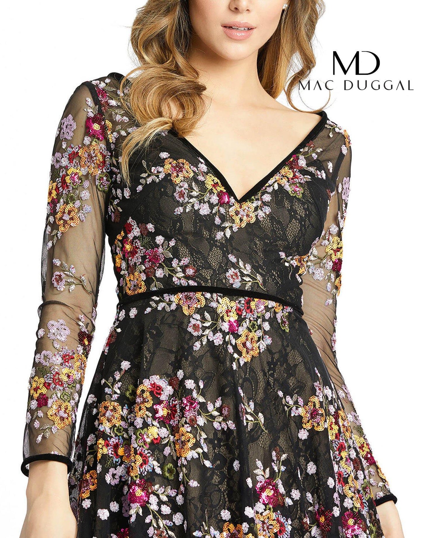 Long Sleeve Floral Cocktail Dress Floral Detail Mac Duggal 67499