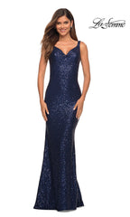 La Femme Sequin Long Prom Dress with Cowl Neckline