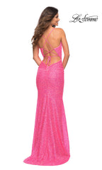 La Femme Strappy-Back Neon Pink Sequin Prom Dress