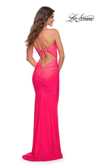 La Femme Strappy-Back Neon Pink Long Prom Dress