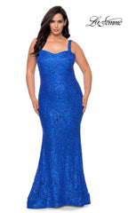 La Femme Plus-Size Long Lace Designer Prom Dress