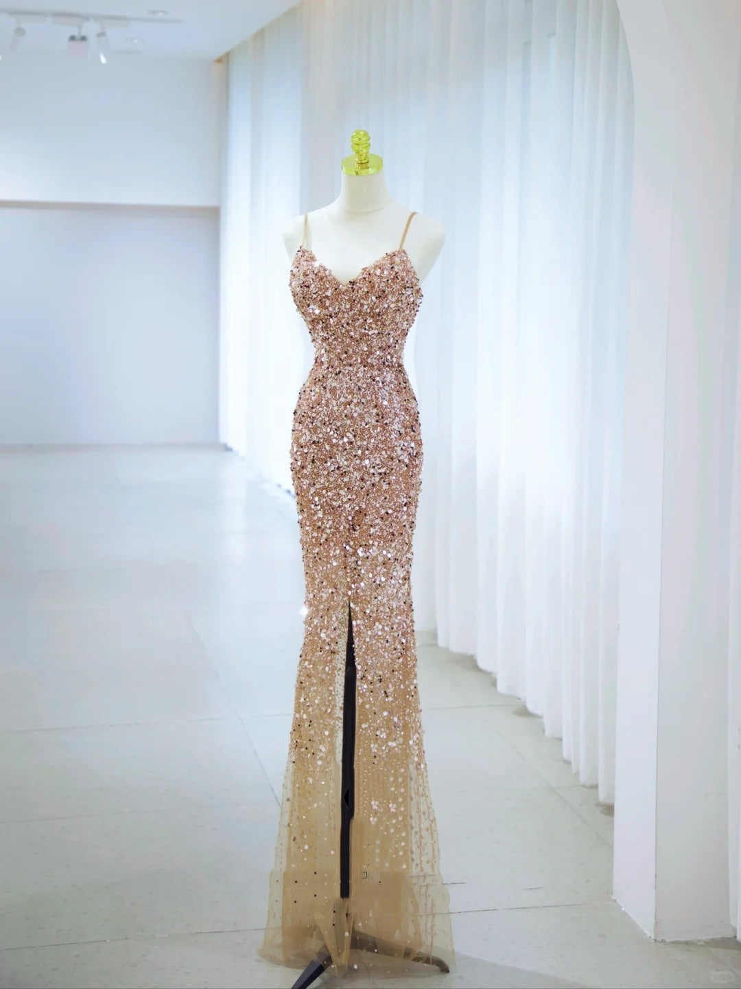 Romantic Mermaid Spaghetti Strap Gold Sequin With Slit Formal Dress Long Prom Dresses N2850