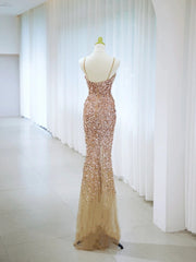 Romantic Mermaid Spaghetti Strap Gold Sequin With Slit Formal Dress Long Prom Dresses N2850