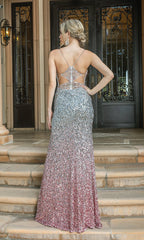 Ombre Sequin Long Prom Dress with Back Cut Outs