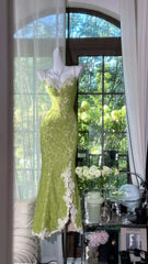 Modest Prom Dresses Mermaid Spaghetti Strap Green Sleeveless Lace Long Evening Outfits N3566