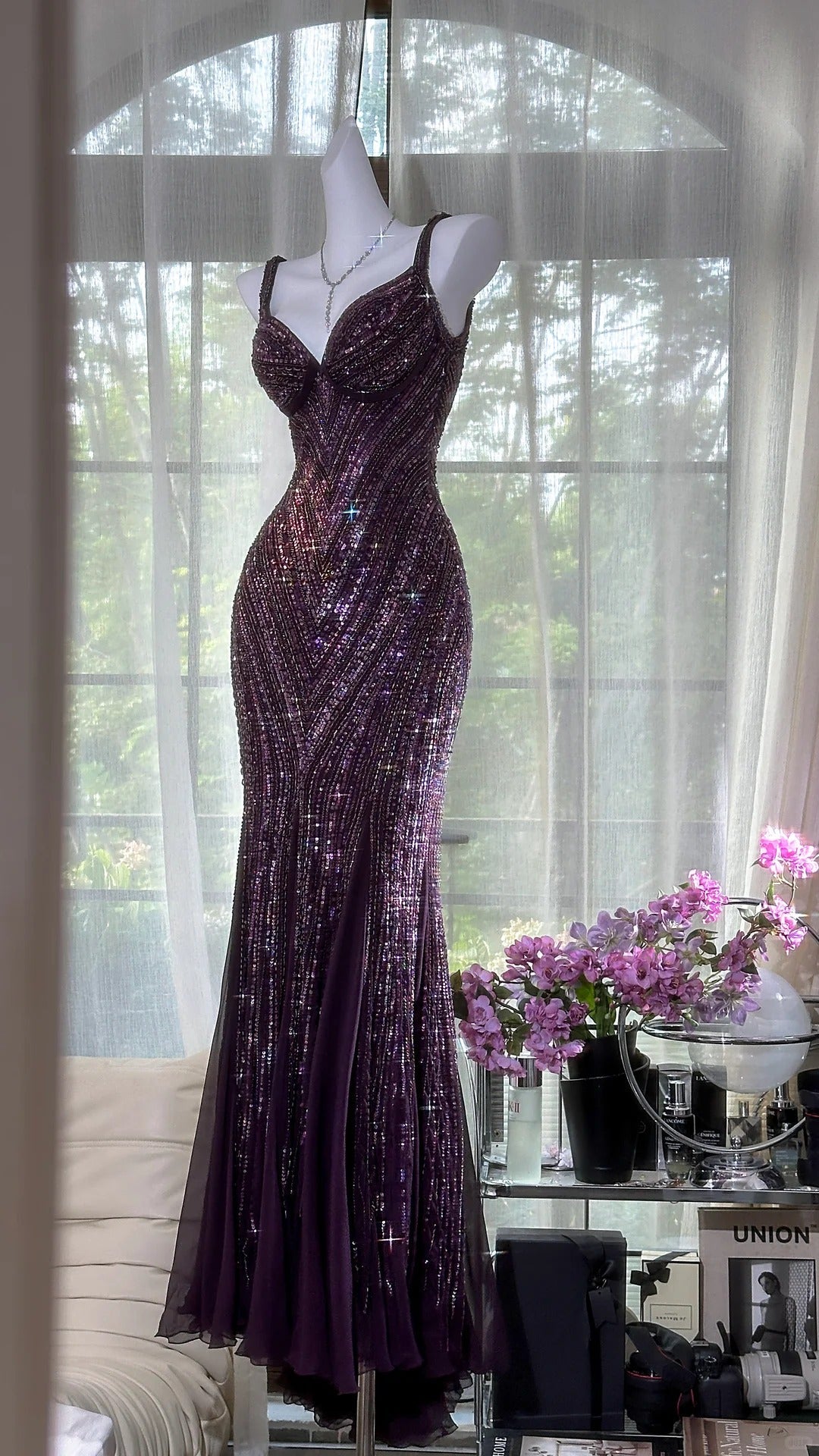Modest Prom Dresses Mermaid Sweetheart Purple With Beading Chiffon Sleeveless Evening Outfits N3571
