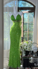 Modest Prom Dresses Mermaid Halter Green Sleeveless Sequin With Beading Long Evening Outfits N3567