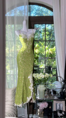 Modest Prom Dresses Mermaid Spaghetti Strap Green Sleeveless Lace Long Evening Outfits N3566