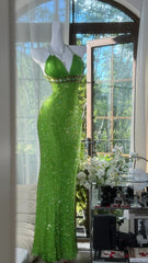 Modest Prom Dresses Mermaid Halter Green Sleeveless Sequin With Beading Long Evening Outfits N3567