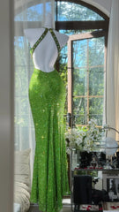 Modest Prom Dresses Mermaid Halter Green Sleeveless Sequin With Beading Long Evening Outfits N3567