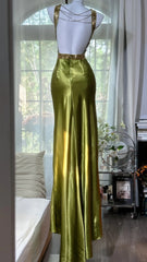 Modest Prom Dresses Mermaid Sweetheart Olive Green Sleeveless Satin Long Evening Outfits N3559