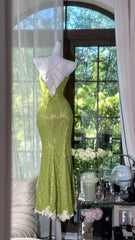 Modest Prom Dresses Mermaid Spaghetti Strap Green Sleeveless Lace Long Evening Outfits N3566