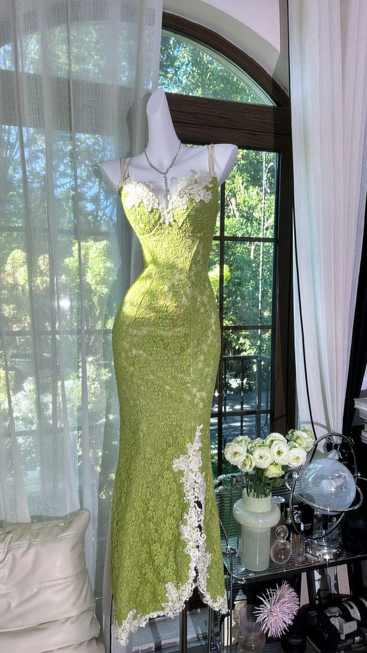 Modest Prom Dresses Mermaid Spaghetti Strap Green Sleeveless Lace Long Evening Outfits N3566