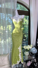 Modest Prom Dresses Mermaid Spaghetti Strap Green Sleeveless Lace Long Evening Outfits N3566