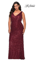 La Femme Sequin Fringe Long Plus-Size Prom Dress